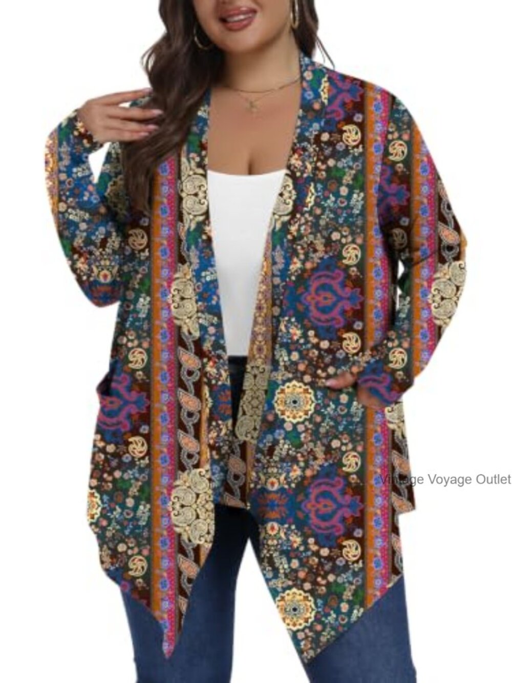 Plus Size Open Front Waterfall Cardigan with Pockets Lightweight Knit